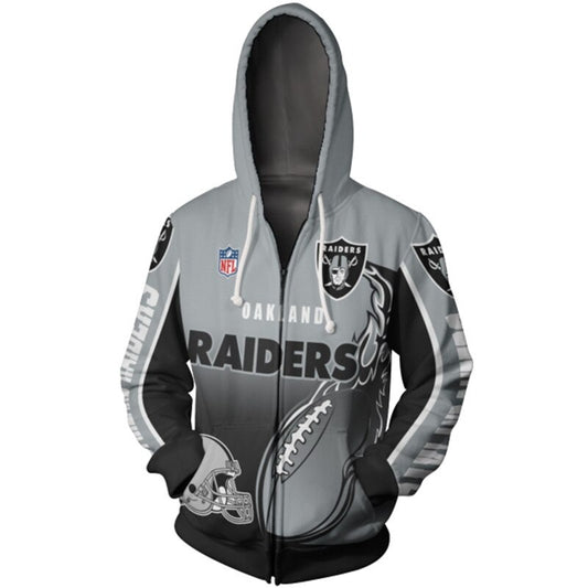 Men's Oakland Raiders zip-up hoodie with flaming football 3D design in team colors, featuring NFL and Raiders logo