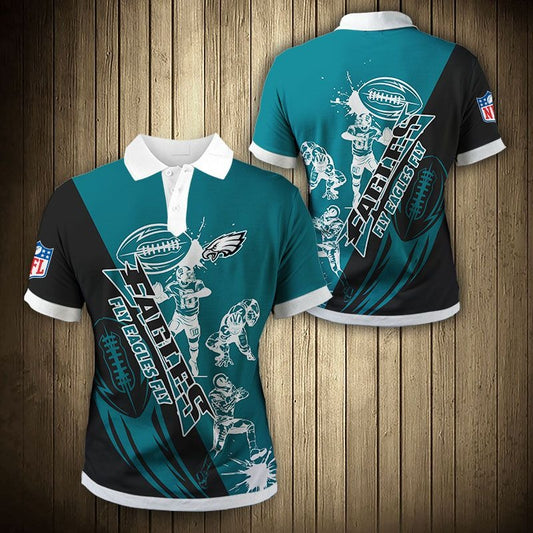 Men's Philadelphia Eagles Polo Shirt with Fly Eagles Fly graphic in Green and black color – breathable fan apparel, sizes S to 5XL, made to order