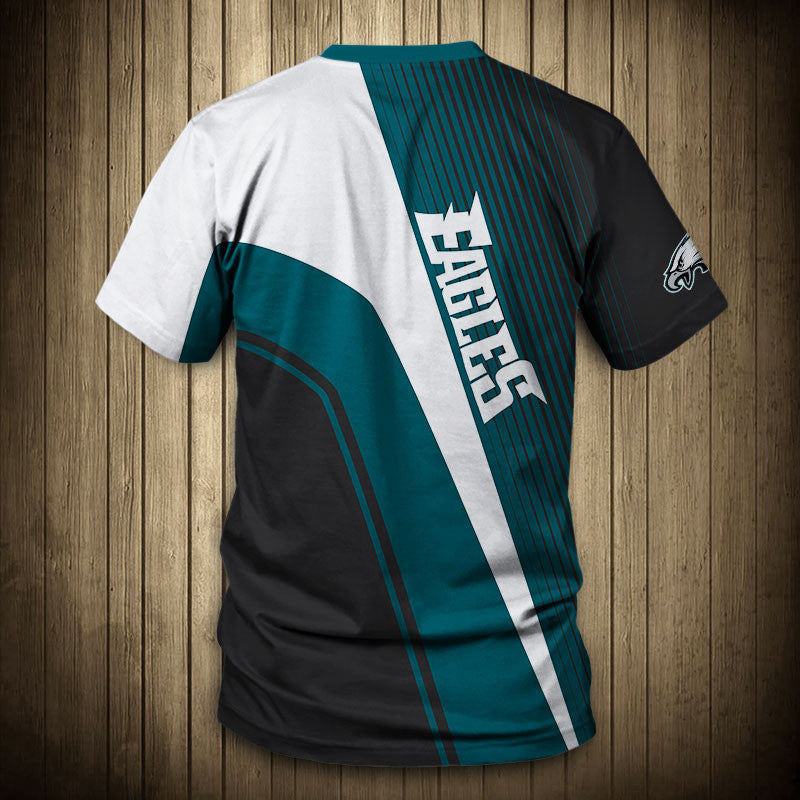 Back view of Men’s Philadelphia Eagles T-Shirt – Striped Graphic Look with vertical stripes, large Eagles text print, and dynamic color block design in GREEN, BLACK and white."