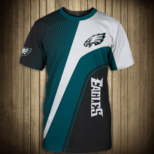 Front view of Men’s Philadelphia Eagles T-Shirt – Striped Graphic Look featuring bold white and GREEN diagonal stripes, Philadelphia Eagles logo on chest, and modern athletic design – perfect for NFL fans.