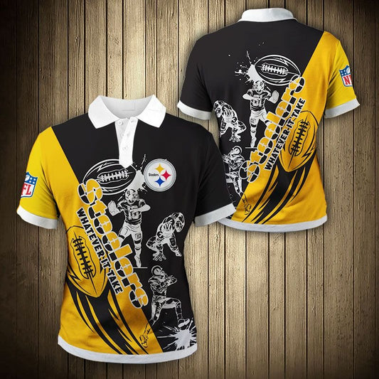 Men's Pittsburgh Steelers Polo Shirt with Whatever it Take graphic in Yellow and black color – breathable fan apparel, sizes S to 5XL, made to order