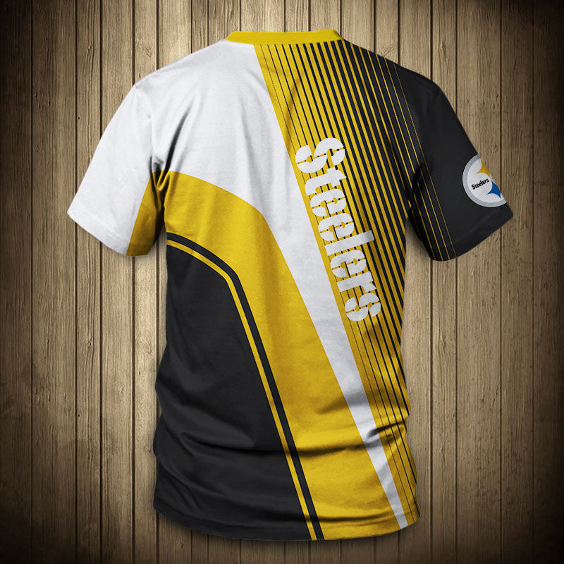 Back view of Men’s Pittsburgh Steelers T-Shirt – Striped Graphic Look with vertical stripes, large Steelers text print, and dynamic color block design in YELLOW, BLACK and white."