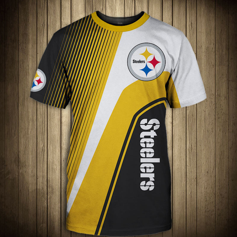Front view of Men’s Pittsburgh Steelers T-Shirt – Striped Graphic Look featuring bold white and YELLOW diagonal stripes, Pittsburgh Steelers logo on chest, and modern athletic design – perfect for NFL fans.