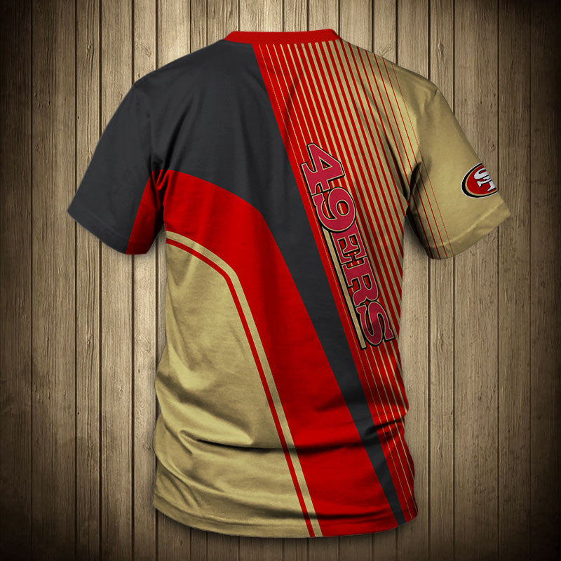 Back view of Men’s San Francisco 49ers T-Shirt – Striped Graphic Look with vertical stripes, large 49ers text print, and dynamic color block design in GOLD, BLACK and RED."