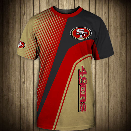 Front view of Men’s San Francisco 49ers T-Shirt – Striped Graphic Look featuring bold BLACK and RED diagonal stripes, San Francisco 49ers logo on chest, and modern athletic design – perfect for NFL fans.
