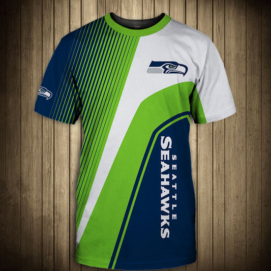 Front view of Men’s Seattle Seahawks T-Shirt – Striped Graphic Look featuring bold WHITE and GREEN diagonal stripes, Seattle Seahawks logo on chest, and modern athletic design – perfect for NFL fans.