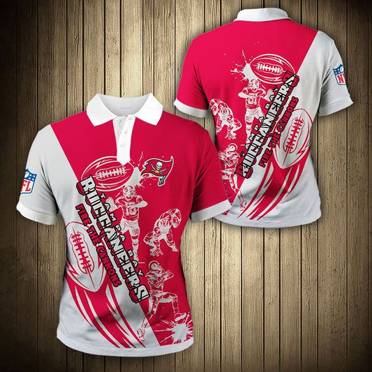 Men's Tampa Bay Buccaneers Polo Shirt with Fire The Cannons graphic in Red and white color – breathable fan apparel, sizes S to 5XL, made to order