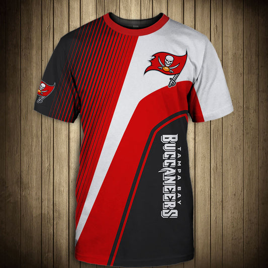 Front view of Men’s Tampa Bay Buccaneers T-Shirt – Striped Graphic Look featuring bold WHITE and RED diagonal stripes, Tampa Bay Buccaneers logo on chest, and modern athletic design – perfect for NFL fans.