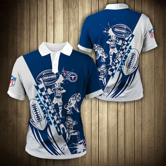 Men's Tennessee Titans Polo Shirt with Titan Up graphic in Blue and silver color – breathable fan apparel, sizes S to 5XL, made to order