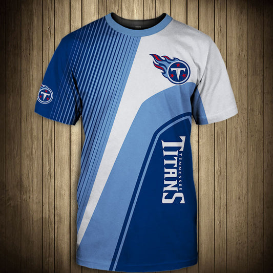 Front view of Men’s Tennessee Titans T-Shirt – Striped Graphic Look featuring bold WHITE and BLUE diagonal stripes, Tennessee Titans logo on chest, and modern athletic design – perfect for NFL fans.