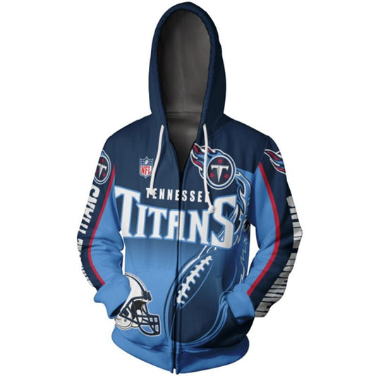 Men's Tennessee Titans zip-up hoodie with flaming football 3D design in team colors, featuring NFL and Titans logo