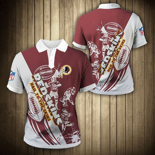 Men's Washington Redskins Polo Shirt with Hail To The Skins graphic in Burgundy and white color – breathable fan apparel, sizes S to 5XL, made to order