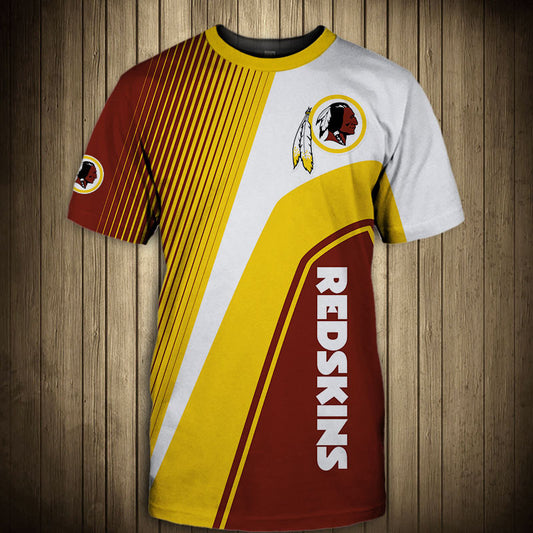 Front view of Men’s Washington Redskins T-Shirt – Striped Graphic Look featuring bold WHITE and yellow diagonal stripes, Washington Redskins logo on chest, and modern athletic design – perfect for NFL fans.