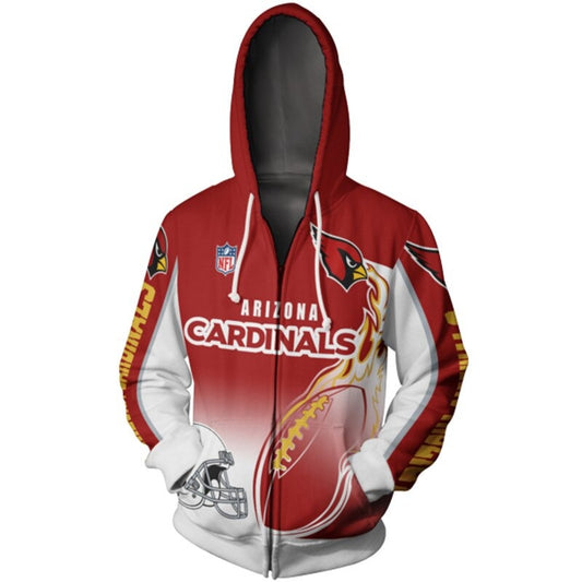 Men's Arizona Cardinals zip-up hoodie with flaming football 3D design in team colors, featuring NFL and Cardinals logo