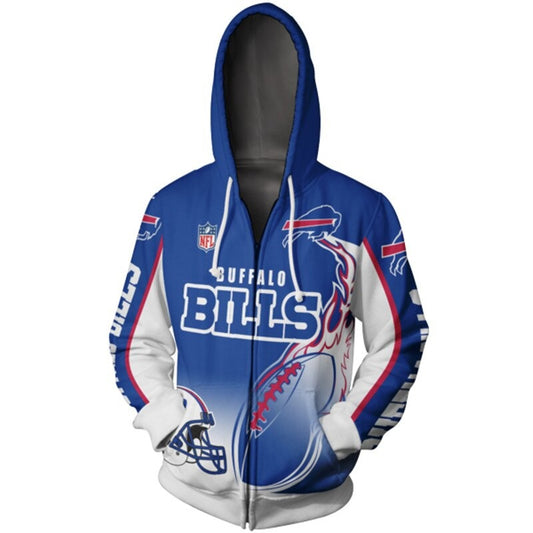 Men's Buffalo Bills zip-up hoodie with flaming football 3D design in team colors, featuring NFL and Bills logo