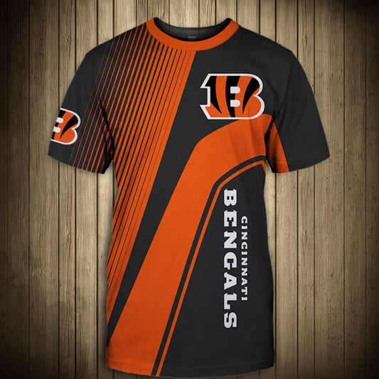 Front view of Men’s Cincinnati Bengals T-Shirt – Striped Graphic Look featuring bold orange and black diagonal stripes, Cincinnati Bengals logo on chest, and modern athletic design – perfect for NFL fans.