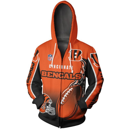 Men's Cincinnati Bengals zip-up hoodie with flaming football 3D design in team colors, featuring NFL and Bengals logo