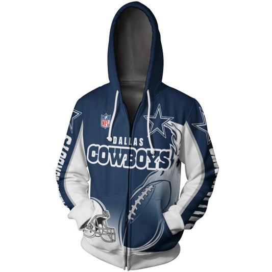 Men's Dallas Cowboys zip-up hoodie with flaming football 3D design in team colors, featuring NFL and Cowboys logo