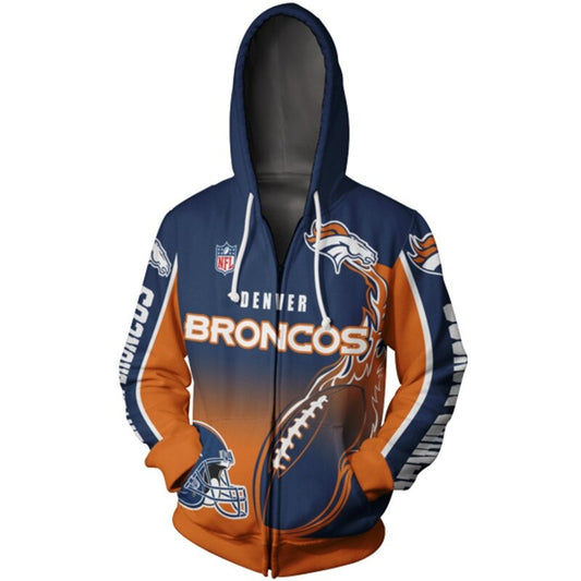 Men's Denver Broncos zip-up hoodie with flaming football 3D design in team colors, featuring NFL and Broncos logo