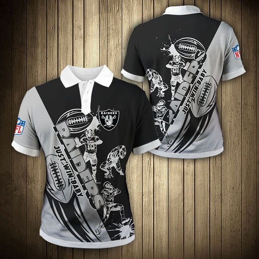 Men's Las Vegas Raiders Polo Shirt with Just Win Baby graphic in Black and silver color – breathable fan apparel, sizes S to 5XL, made to order