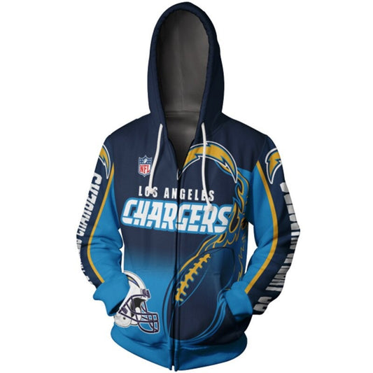 Men's Los Angeles Chargers zip-up hoodie with flaming football 3D design in team colors, featuring NFL and Chargers logo