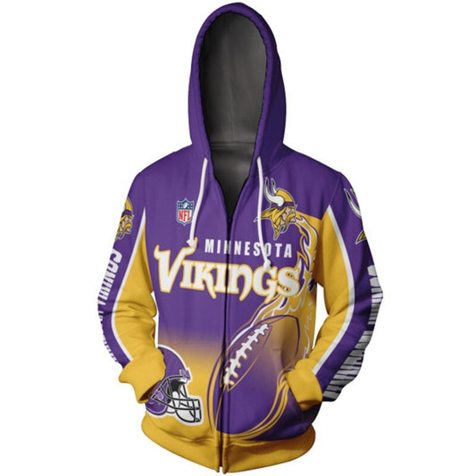Men's Minnesota Vikings zip-up hoodie with flaming football 3D design in team colors, featuring NFL and Vikings logo