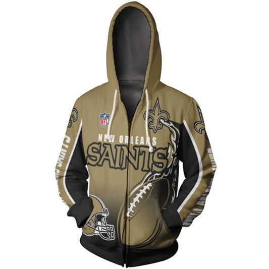 Men's New Orleans Saints zip-up hoodie with flaming football 3D design in team colors, featuring NFL and Saints logo