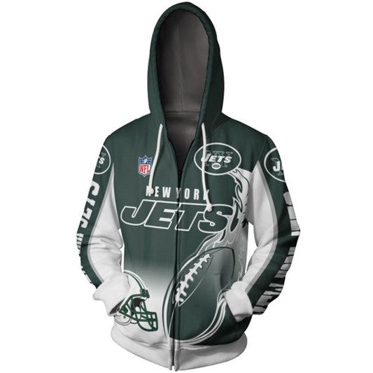 Men's New York Jets zip-up hoodie with flaming football 3D design in team colors, featuring NFL and Jets logo