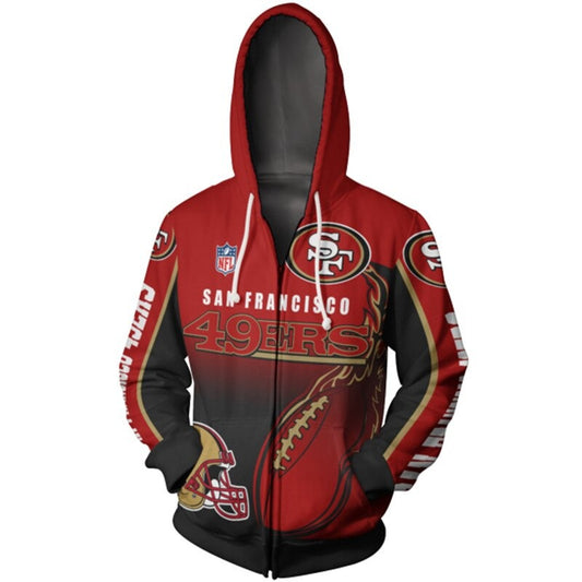 Men's San Francisco 49ers zip-up hoodie with flaming football 3D design in team colors, featuring NFL and 49ers logo