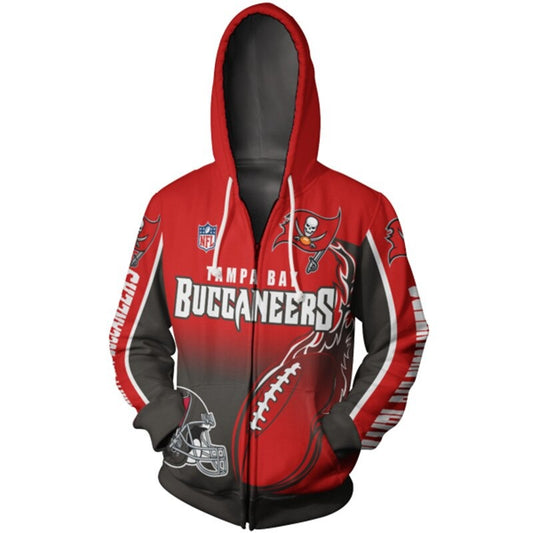 Men's Tampa Bay Buccaneers zip-up hoodie with flaming football 3D design in team colors, featuring NFL and Buccaneers logo