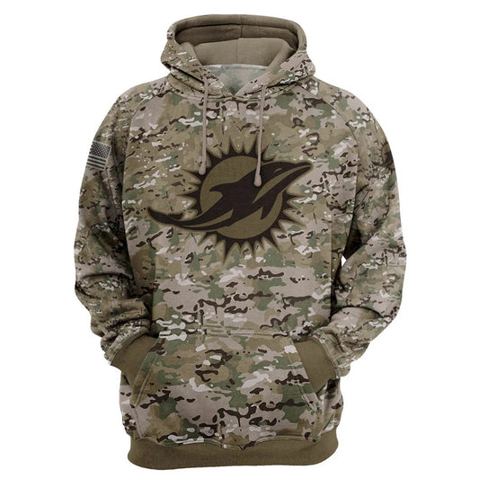 Miami Dolphins Camo Pullover Hoodie – Military Style featuring large Miami Dolphins logo on chest, camouflage design, and front kangaroo pocket – unisex and US sizing