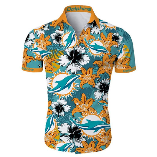 Front view of  Miami Dolphins Hawaiian Shirt – Men's Summer Aloha Button Down with vibrant orange floral design and team logo, short sleeves, US sizing.