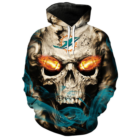 Front view of Miami Dolphins Skull Hoodie – Red Inferno Edition, featuring a gothic skull design with glowing red football eyes and a Miami Dolphins on the forehead.