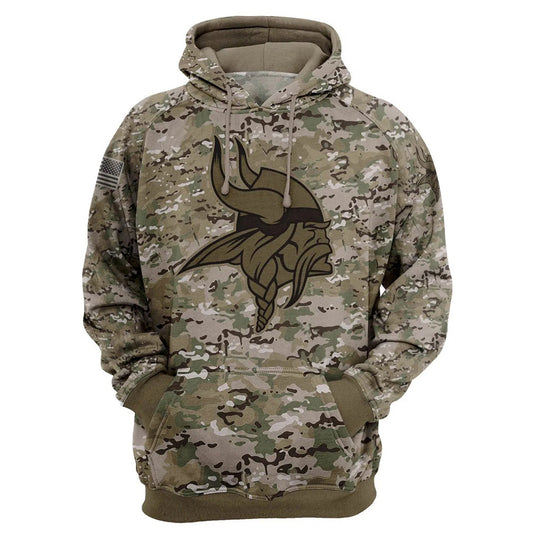 Minnesota Vikings Camo Pullover Hoodie – Military Style featuring large Minnesota Vikings logo on chest, camouflage design, and front kangaroo pocket – unisex and US sizing