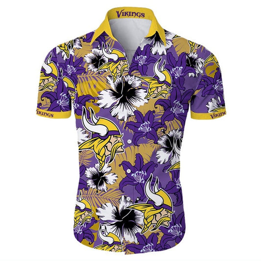Front view of  Minnesota Vikings Hawaiian Shirt – Men's Summer Aloha Button Down with vibrant PURPLE floral design and team logo, short sleeves, US sizing.