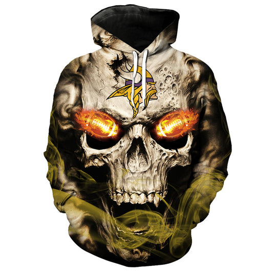 Front view of Minnesota Vikings Skull Hoodie – Red Inferno Edition, featuring a gothic skull design with glowing red football eyes and a Minnesota Vikings on the forehead.