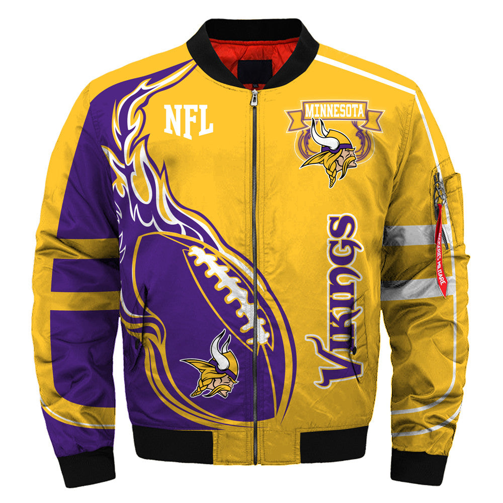 Front view of Minnesota Vikings Bomber Jacket featuring purple and gold design, NFL logo, and Vikings graphics.