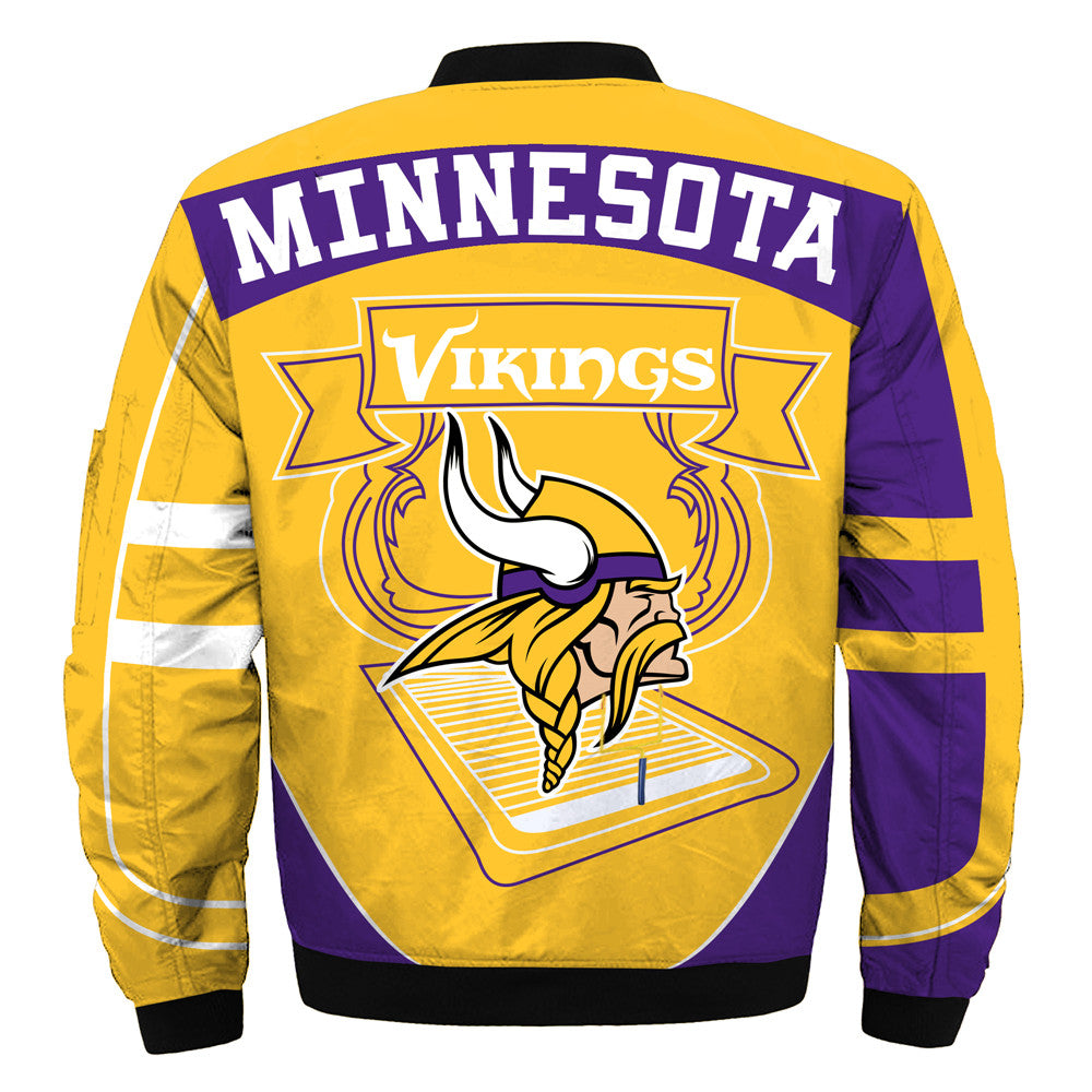 Back view of Minnesota Vikings Bomber Jacket showing large Vikings logo and bold team lettering.