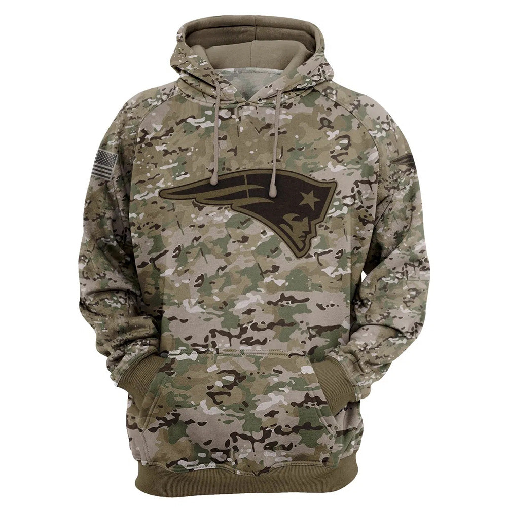 New England Patriots Camo Pullover Hoodie – Military Style featuring large New England Patriots logo on chest, camouflage design, and front kangaroo pocket – unisex and US sizing