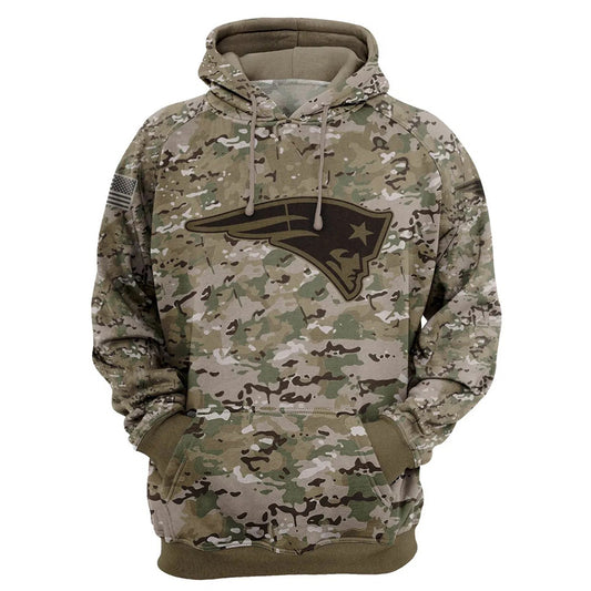 New England Patriots Camo Pullover Hoodie – Military Style featuring large New England Patriots logo on chest, camouflage design, and front kangaroo pocket – unisex and US sizing