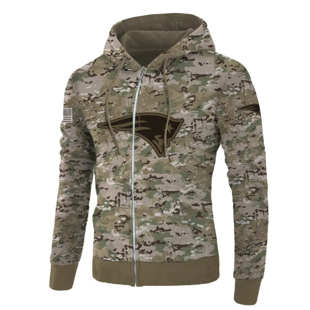 Front view of New England Patriots Camo Zipper Hoodie – Military Style with camouflage print, and New England Patriots logo on chest – and front kangaroo pocket, unisex fit