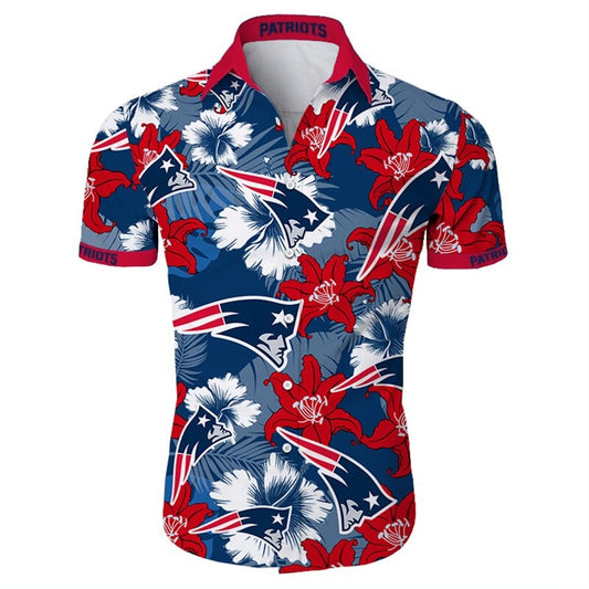 Front view of  New England Patriots Hawaiian Shirt – Men's Summer Aloha Button Down with vibrant RED floral design and team logo, short sleeves, US sizing.