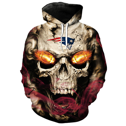 Front view of New England Patriots Skull Hoodie – Red Inferno Edition, featuring a gothic skull design with glowing red football eyes and a New England Patriots on the forehead.