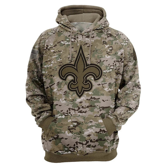 New Orleans Saints Camo Pullover Hoodie – Military Style featuring large New Orleans Saints logo on chest, camouflage design, and front kangaroo pocket – unisex and US sizing
