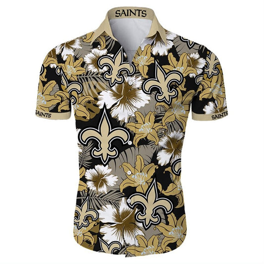 Front view of  New Orleans Saints Hawaiian Shirt – Men's Summer Aloha Button Down with vibrant OLD GOLD floral design and team logo, short sleeves, US sizing.