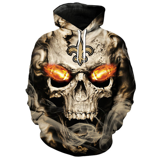 Front view of New Orleans Saints Skull Hoodie – Red Inferno Edition, featuring a gothic skull design with glowing red football eyes and a New Orleans Saints on the forehead.