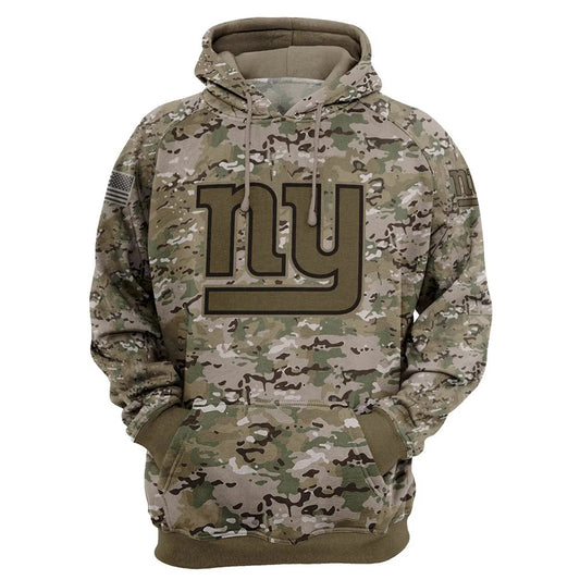 New York Giants Camo Pullover Hoodie – Military Style featuring large New York Giants logo on chest, camouflage design, and front kangaroo pocket – unisex and US sizing