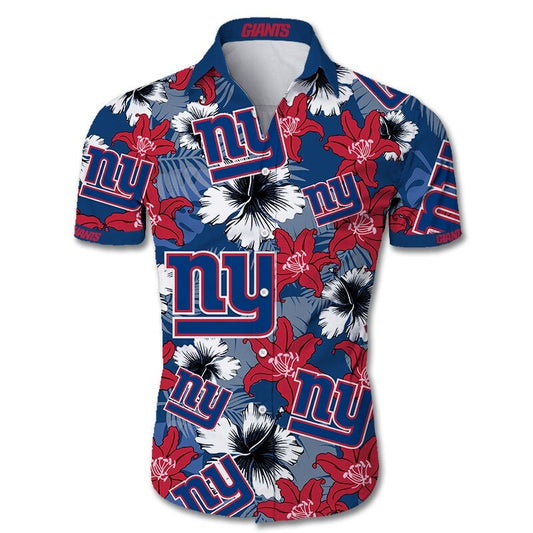 Front view of  New York Giants Hawaiian Shirt – Men's Summer Aloha Button Down with vibrant RED floral design and team logo, short sleeves, US sizing.