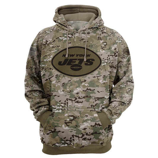 New York Jets Camo Pullover Hoodie – Military Style featuring large New York Jets logo on chest, camouflage design, and front kangaroo pocket – unisex and US sizing