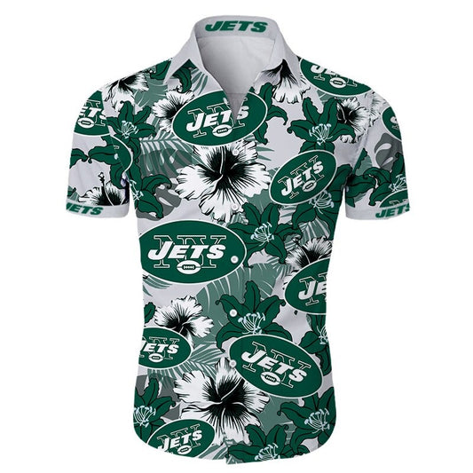 Front view of  New York Jets Hawaiian Shirt – Men's Summer Aloha Button Down with vibrant GREEN floral design and team logo, short sleeves, US sizing.